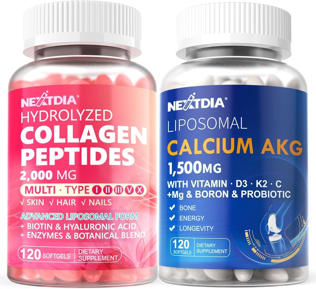 Hydrolysoitu kollageeni Peptides pillerit + liposomaalinen kalsium AKG täydentää 1500 mg