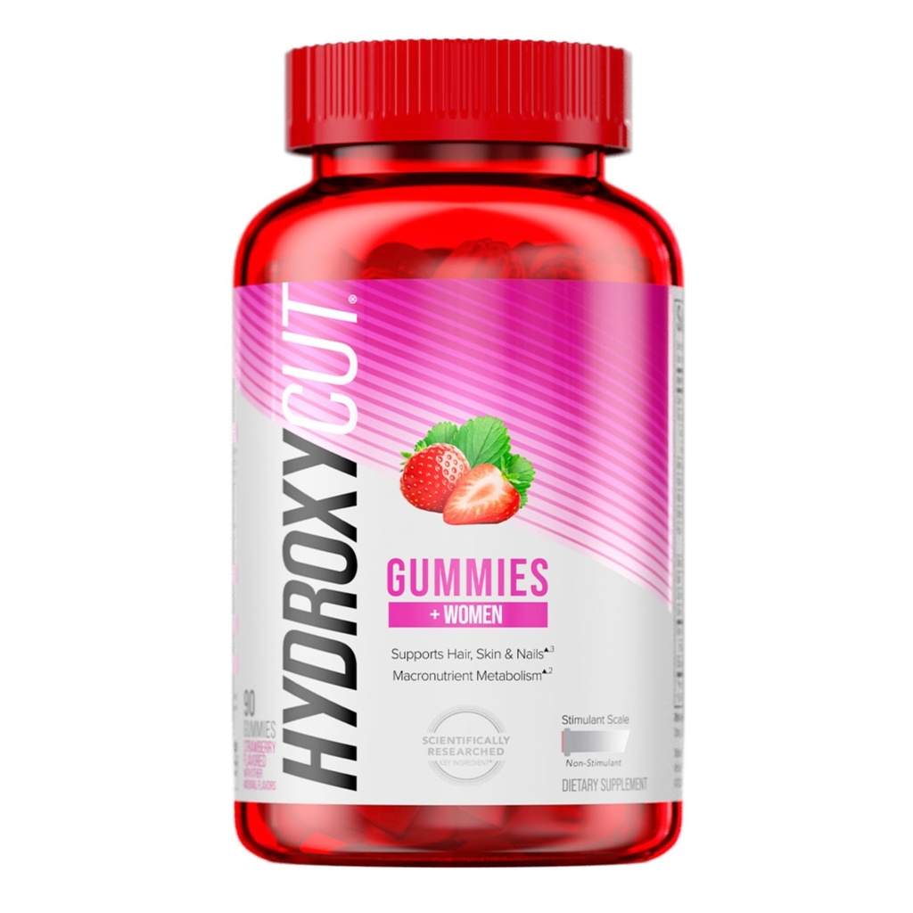 Hydroksicut Gummies + Naiset, mansikka - 99% Kofeiiniton - Tukee hiukset, iho ja kynnet - Metabolize Karbs, proteiinit ja rasvat