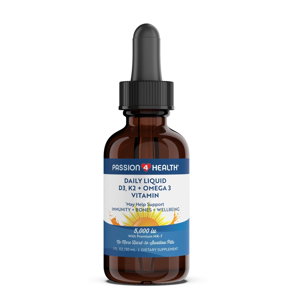 Passion 4 Health Organic Liquid Vitamin D3 K2 (Mk-7) + Omega 3 Supplement - Liquid Vitamin D Drops (5000IU) - Stöd för friska ben och muskler