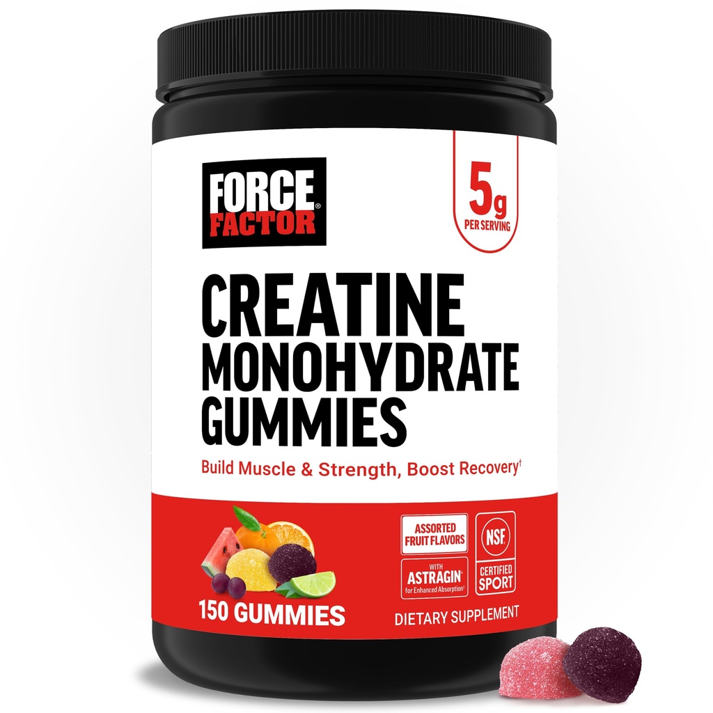 Force Factor Creatiini Monohydraatti Gummies, 5g annos miehille ja naisille tukea lihasten, vahvuus, elpyminen, kognitiiviset terveys ja muisti, valikoituja hedelmä makuja, 150 Gummy