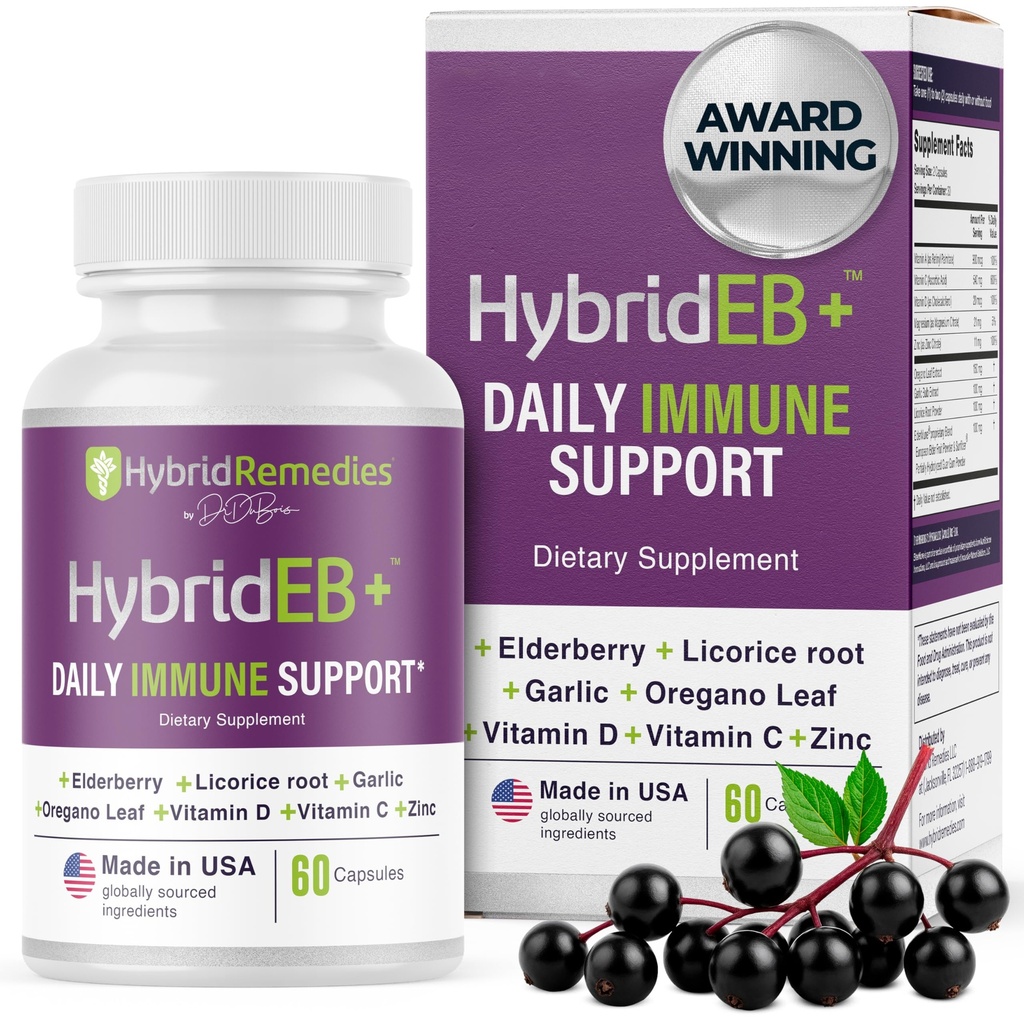 HybridiEB Sambucus Elderberry Immuuni tuki C-vitamiinia, sinkkiä, D3-vitamiinia - antioksidanttia ja immuniteetin täydentää, 1 kuukausi Supply - 9 in 1 Musta Elderberry Lapset ja Aikuiset - 60 kapselia