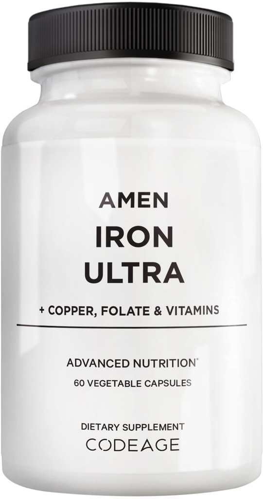 Amen Iron Ultra Supplement + Kupari, Folaatti, C-vitamiini ja B12-2-Kuukausi tarjonta - Ferrous Sulfate Rautavitamiini - 65 mg per Serving - Foolihappo - Ei-GMO pillereitä - 60 kapselia