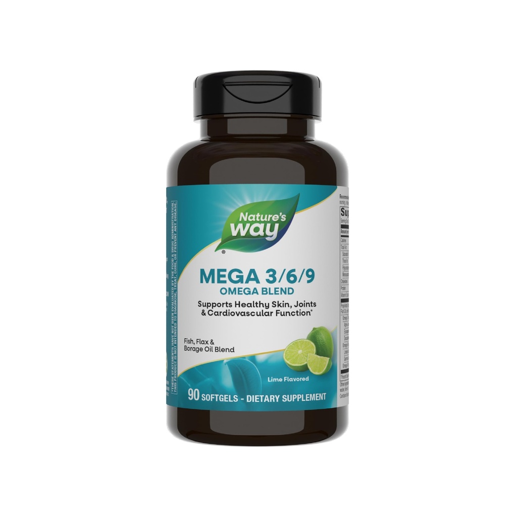 Nature's Way Mega 3/6/9 Omega Blend, tukee tervettä ihoa, nivelet, sydän-ja verisuonitoiminta*, kala, pellava, bourage Oil, 90 Lime Flavored Softgels (Packaging May Vary)