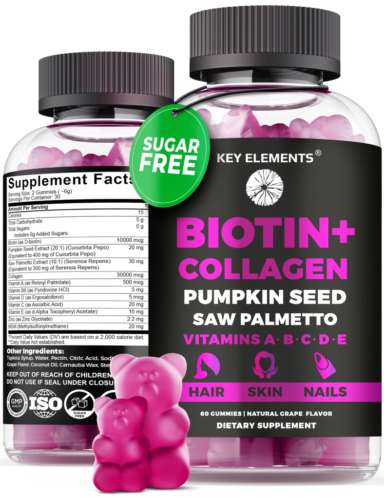 Ihon ja kynsien 10000 mcg Gummies & Collagen Gummies - Biotiini vitamiineja hiusten kasvua kurpitsa siemenöljy, Saw Palmetto uute & vitamiinit B6 C D E - Biotiini ja kollageeni täydentää