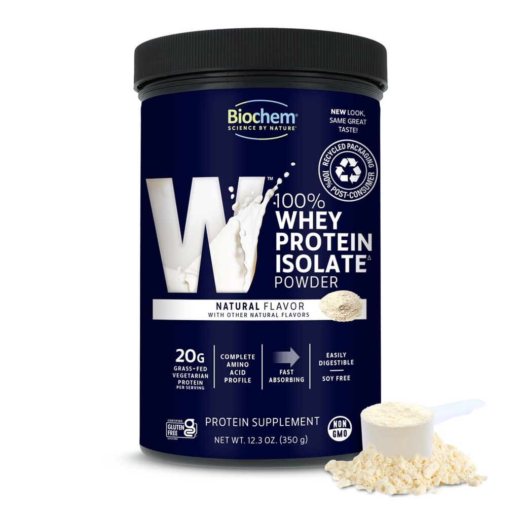 Biochem 100% Whey Isolate Protein - Natural Flavor - 12.3 Ounce, Preworkout & Immunoterveys - 20g Kasvisruokaproteiini - Helposti digestible - Päivittävä maku - Keto Friendly & Helppo sekoittaa...