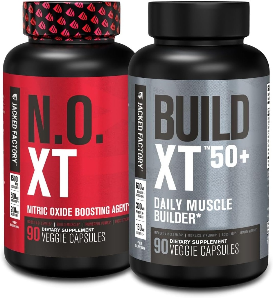 Jacked Factory N.O. XT Typpioksidin täydennysosa (90 kapselia) & Rakentaa XT 50+ Päivittäinen lihasten rakentaja (90 kapselia) lihasten kasvua, pumppuja, elinkyky, & Recovery