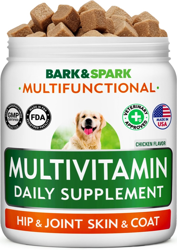 BARK&SPARK Koiran vitamiinit ja lisäravinteet - Multivitamiini purutabletteja koirille - Glukosamiini Kondroitin Joint Support + Omega iholle ja turkki + Probiootit - Multi Vitamiini lemmikkieläinten terveys - 120Ct