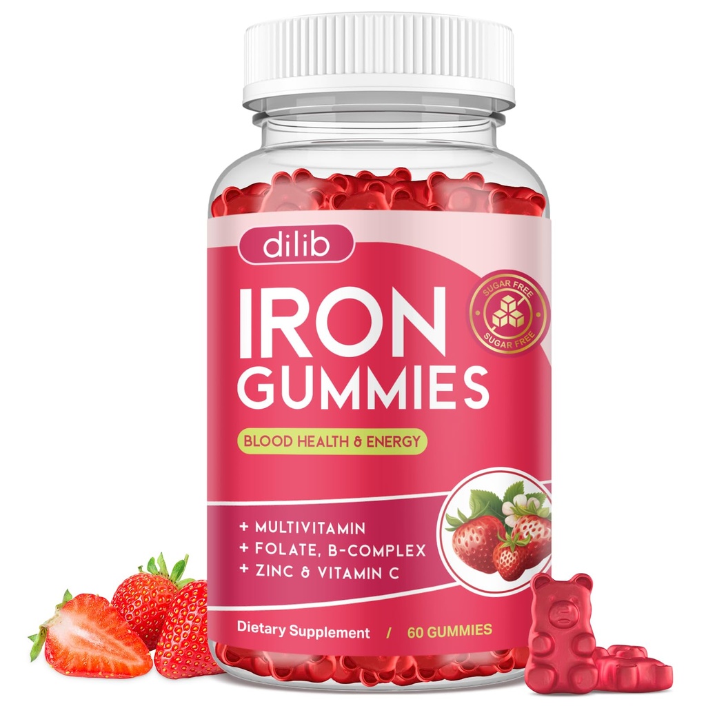 Iron Gummies Multivitamiini, Iron Supplement for Women & Men with Sinkki, B-vitamiini Complex & C, B12, Folaatti - Veren Builder & Energy Tuki aikuisille & lapsille - Mansikka maku, Vegan 60 Gummy