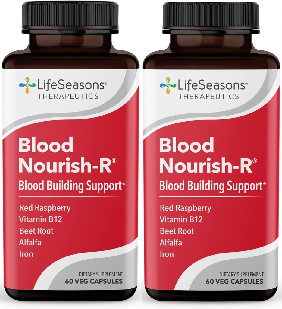 LifeSeasons Blood Nourish-R - Iron Supplement - Non contipating - Tukee Anemia, väsymys, Paleness & Huimaus - Verenrakennus - Rauta, Alfalfa, Vadelma & Vitamiini B-12-60 kapselit (paketti 2)