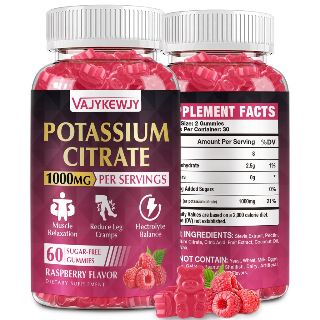 Kalium Citrate Gummies, High Potassium Supplement (1000mg), Stöder Leg Cramps & Muscle Health, Lämplig för vuxna och barn, Vegan, Non-GMO, 60-Count