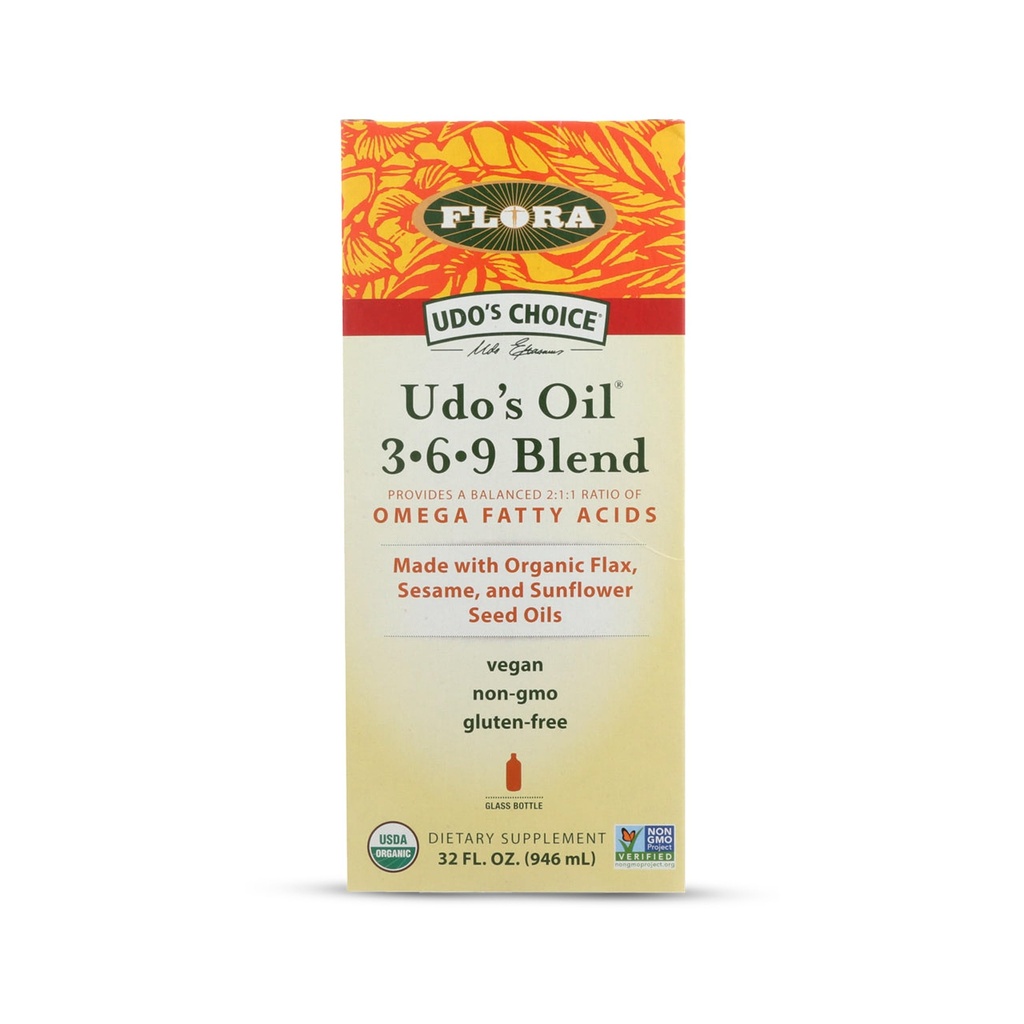 Flora Udo's Oil 3-6-9 Blend - Vegan Omega-3-6, sisältää luomukookos-, pellavasiemenöljyä & enemmän - Pidä kylmänä - 32 fl. oz.