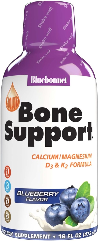Bluebonnet Nutrition Liquid Bone Support Kalsiumsitraatit, magnesiumsitraatit, D3-vitamiinit, K2-vitamiinit, ei-muuntogeeniset, gluteeniton, soijaton, kosher, 32 tarjoilut, mustikkamaku, 16 Fl Oz (Pack of 1)