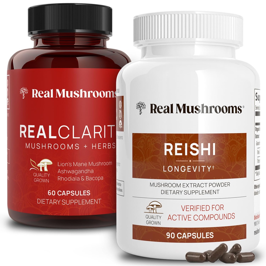 Real Sienet RealClarity (60ct) ja Reishi (90ct) Kapselit Bundle - Sieni täydentää mielen selvyyden, keskittyä, rentoutua, uni & pitkäikäisyys - Vegan, ei-GMO, todennettu tasot beta-Glukaanit