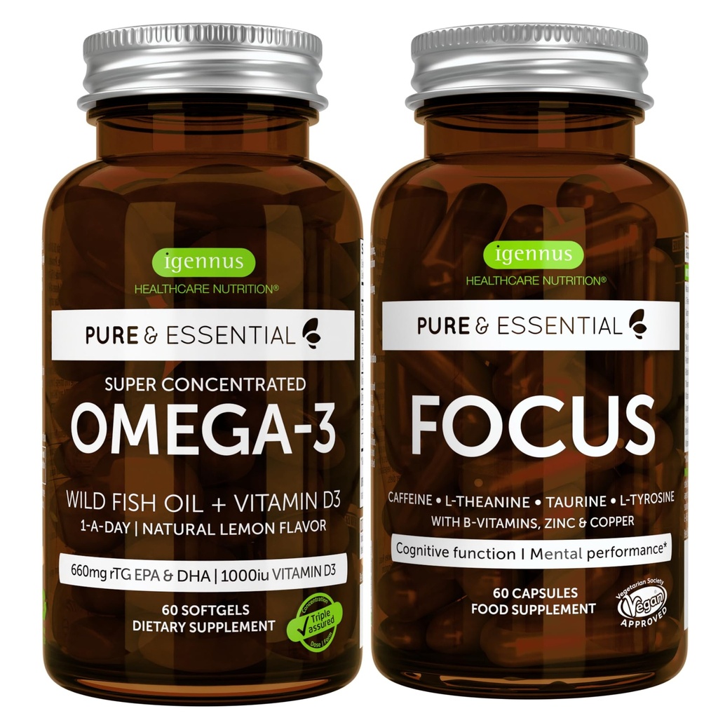 Omega-3 & D3 1000iu + Focus Brain Booster Bundle, Fast-Acting 1-a-Day EPA & DHA rTG Wild Fish Oil + Kofeiini, L-Theanine, Tauriini & L-tyrosiini, B-vitamins, Sinkki & Kupari, Igennus