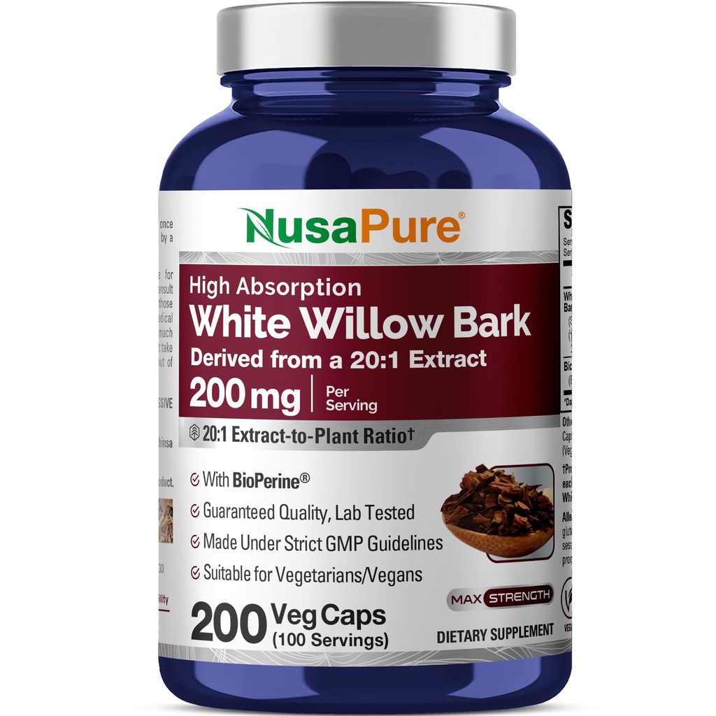NusaPure White Willow Bark 20:1 Uute, 200 mg, vastaa 4000 mg, 200 kasviskapselia, Max Strength, (ei-GMO, Vegan)