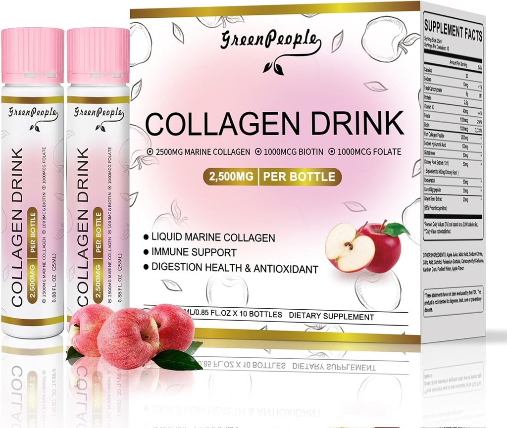 GREENPEOPLE Liquid Collagen for Women & Men, Fish Collagen Peptides + Hyaluronic Acid + B-vitamiini & C, Hiusten ihokynnet nivelet Tuki (0,85 fl oz, 10 pulloa, Apple)