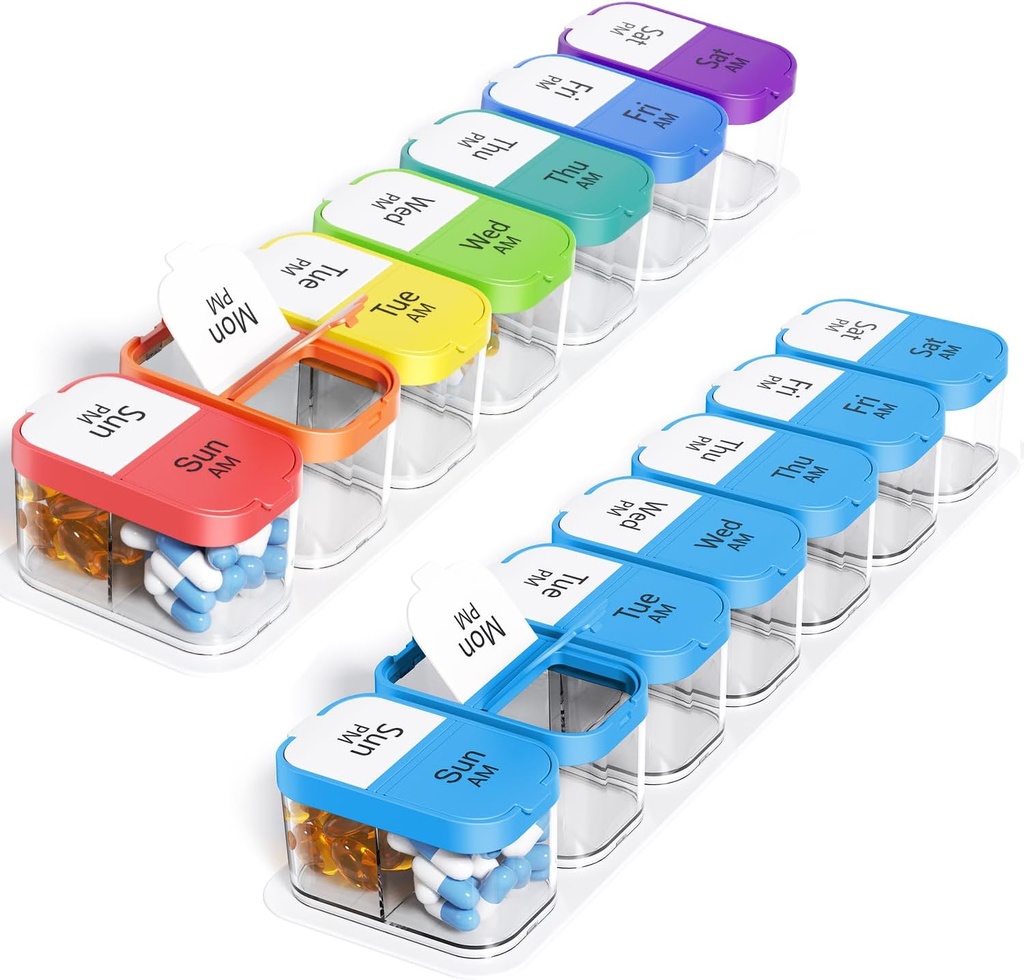 Odaro Erittäin suuri viikoittain pillereitä Järjestäjä, XL Pill Box 7 Day AM PM, Jumbo Medicine Organizer 2 Kertaa päivässä Hold Daily Medicine, Vitamiinit, ja lisäravinteet, Sateenkaari & sininen / valkoinen (Set of Two)