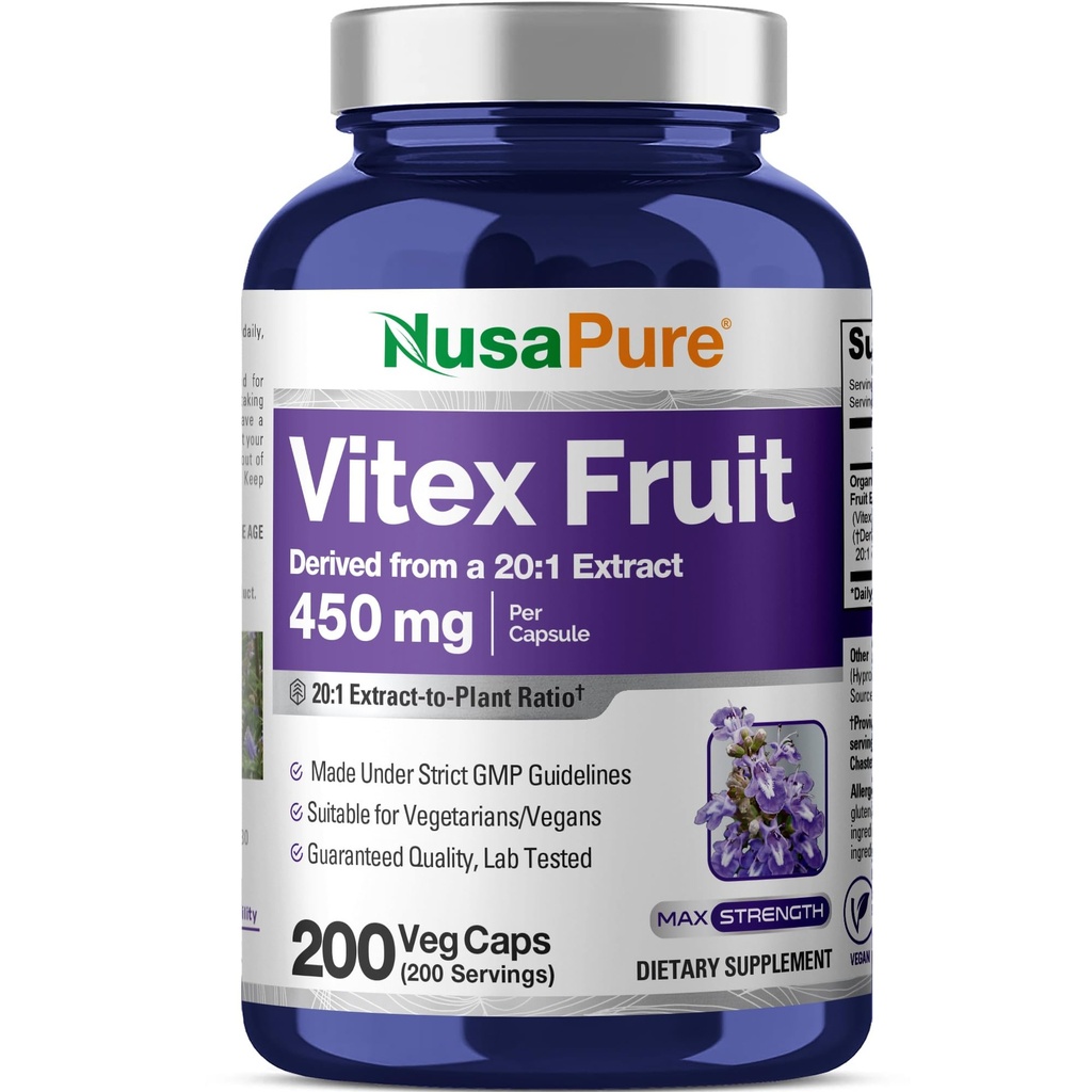 NusaPure Vitex Chasteberry Fruit 20:1 Extract, 450 mg vastaten 9000 mg 200 vegaaninen kapseli - ei-GMO, vegaaninen ravintolisä