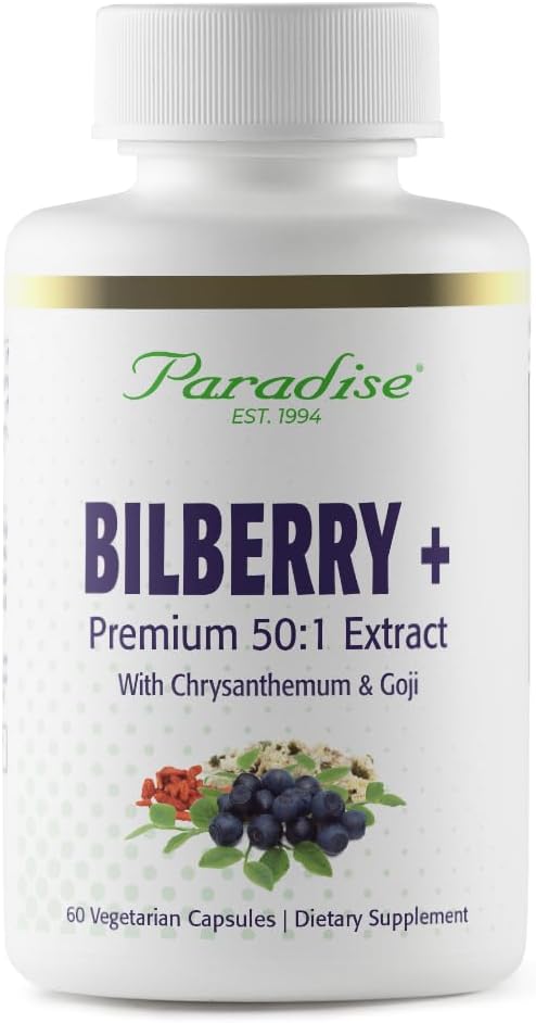 Paradise Yrtit Mustikka ja Goji & Chrysanthemum lisäravinteet, Super Potent, Ultra Pure, Ei-GMO, Gluteeniton, Vegaani, 60 Kasvissyöjä kapselit