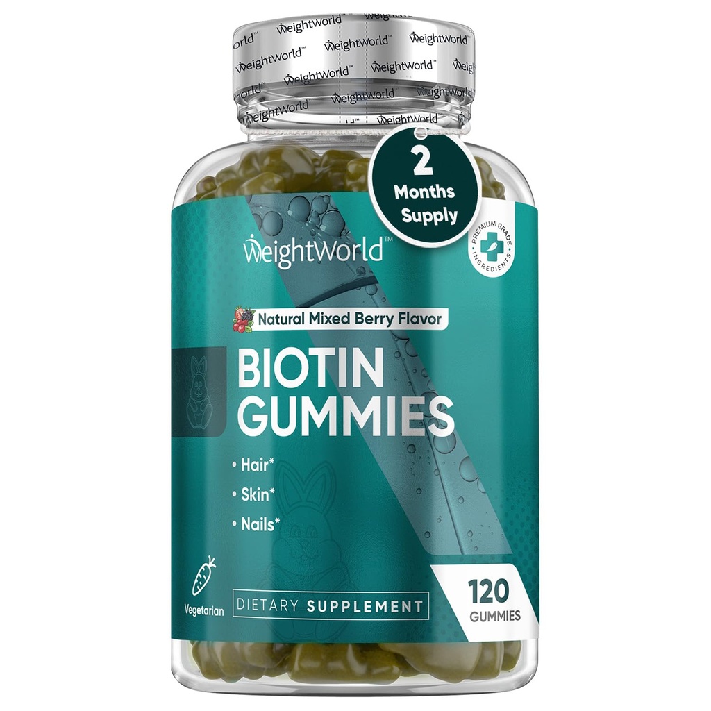 PainoWorld Biotin Gummies for Hair, Skin & Nails 5000 mcg - 120 Count (60 Servings) - Biotin lisäravinteet naisille ja miehille - Natural Mixed Berry Flavored Biotin Gummy - Kasvissyöjä & kolmannen osapuolen testattu