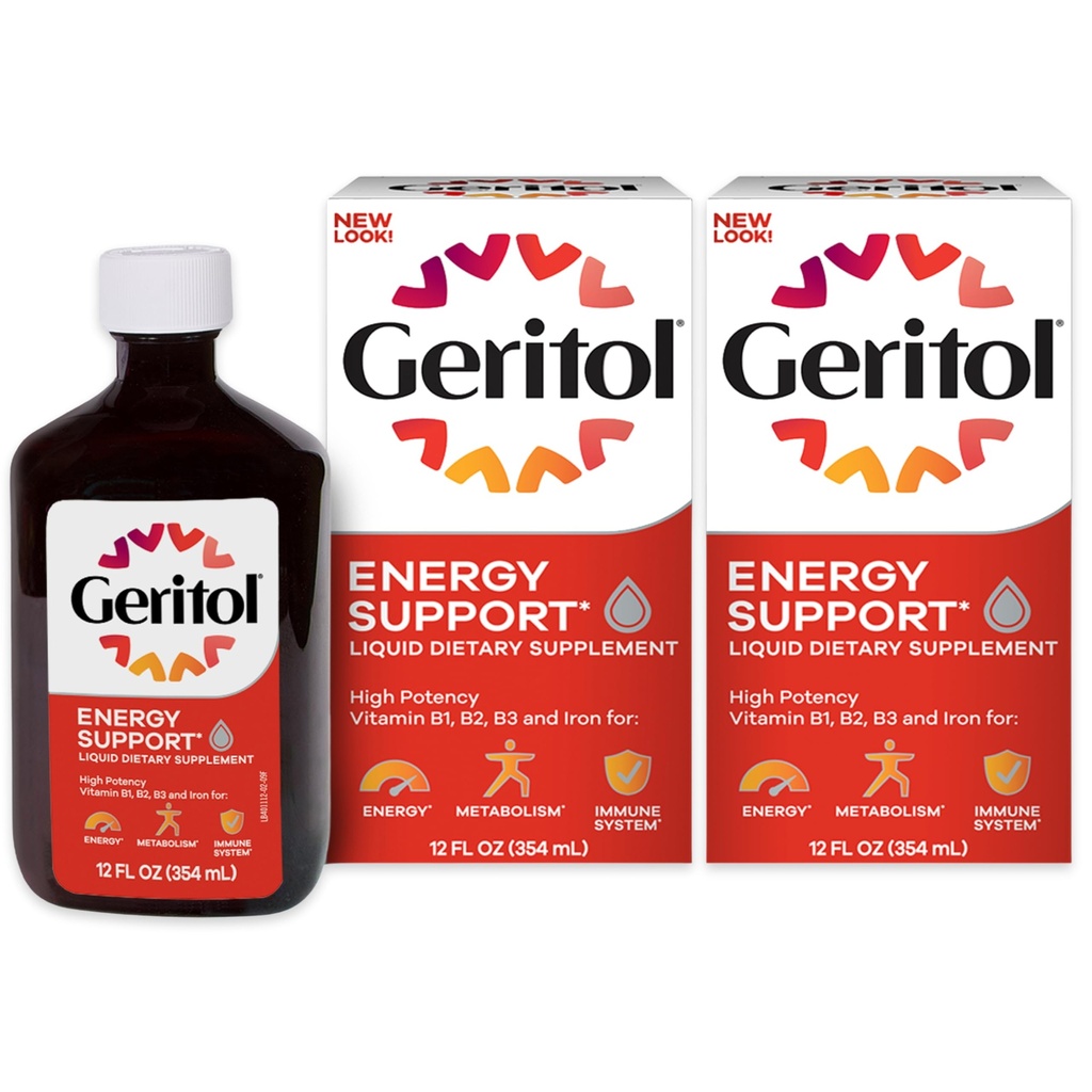 Geritol Liquid Vitamin and Iron Supplement, Energy Support, Innehåller hög styrka B-Vitaminer och järn, Pleasant Tasting, lätt att svälja, inga konstgjorda sötningsmedel, icke-GMO, 12 Oz, 2 Pack