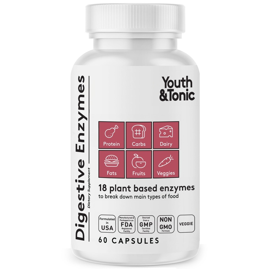Youth & Tonic Ruoansulatuskanavan Entsyymit Amylase Bromelain Lipase Lactase Protease Papain - Advanced Digestion Plant Enzymes for Food Specification Gas Bloating Gut Health - Women & Men - 60 Vihanneslääkkeitä