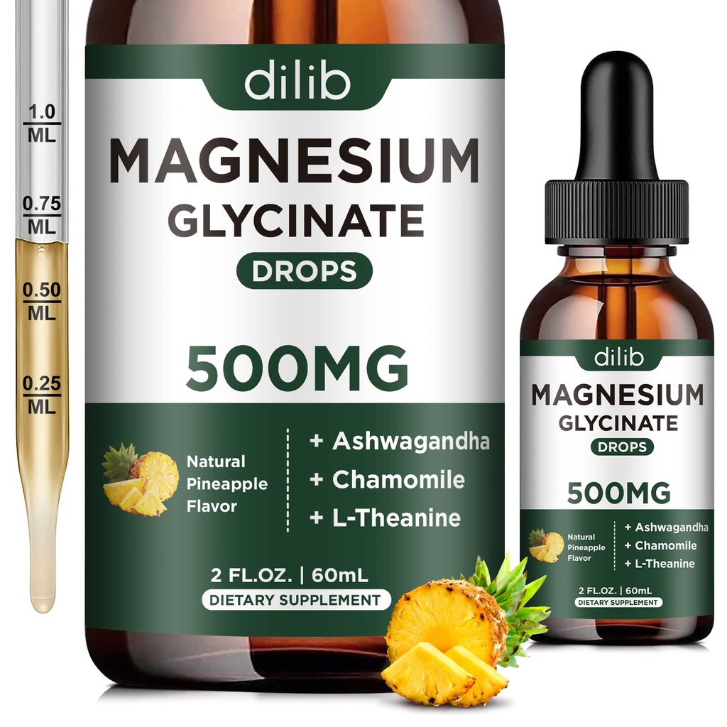 Magnesium Glycinate 500mg - Liquid Magnesium Drops, Ashwagandha, L - Theanine, Chamomile - Calm & Stress Relief, Relaxation, Restful Sleep, Muscle Heart Health, Vegan - 2 Fl Oz (30 dagar)