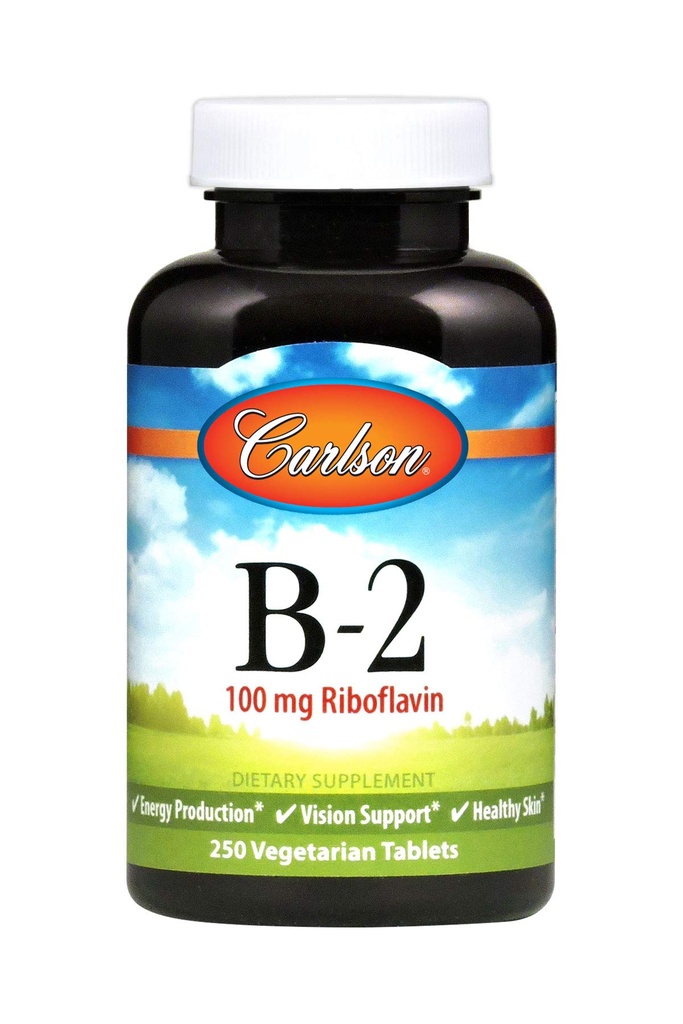 Carlson - B-2, 100 mg Riboflaviini, energiantuotanto, näkötuki ja terve iho, 250 kasvisruokatablettia