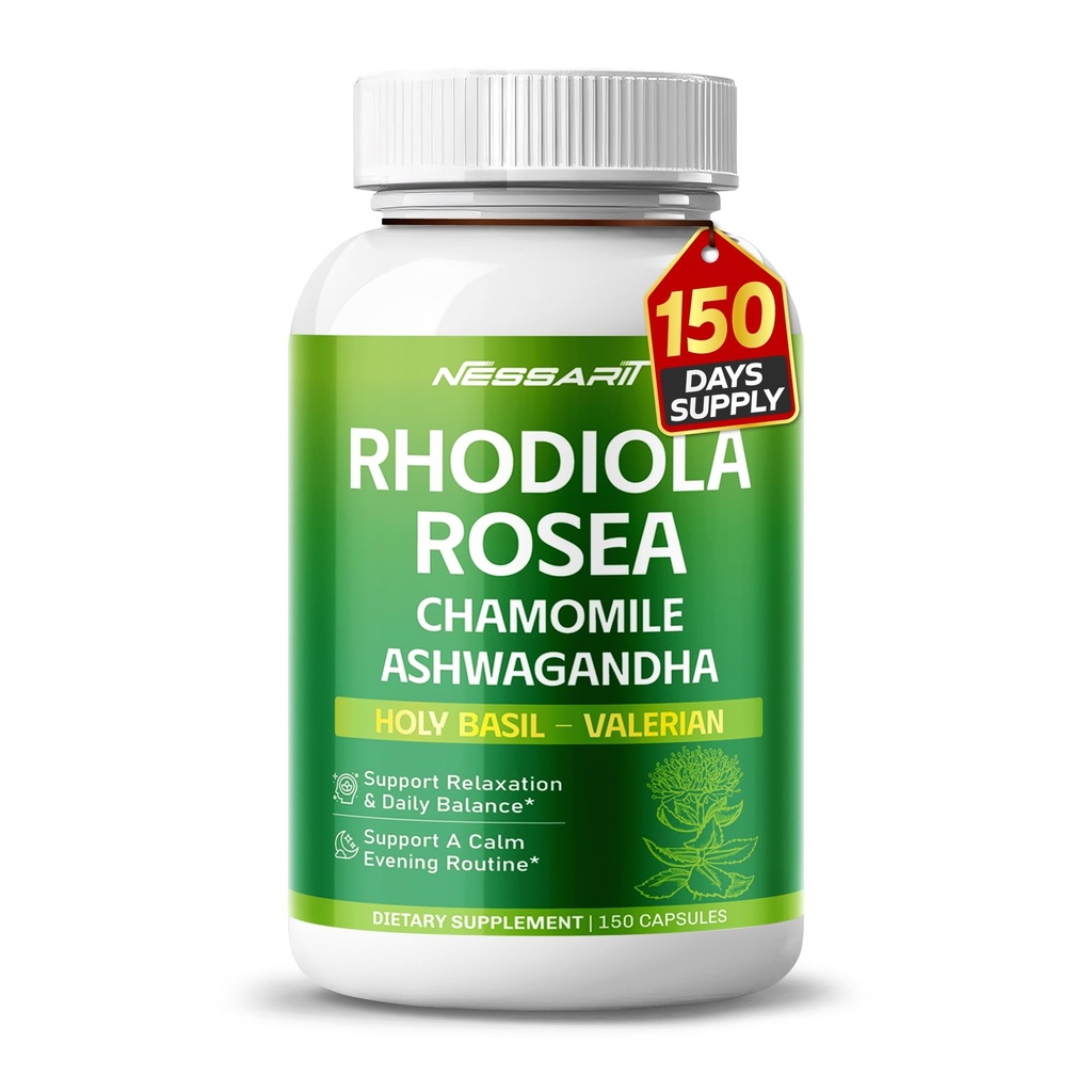 RHODIOLA ROSEA täydennysosa- 11-in-1 Natural Blend kamomilla L-Theanine Ashwagandha Holy Basil Valerian Passionflower - 150 Count - Made & Tested in The USA
