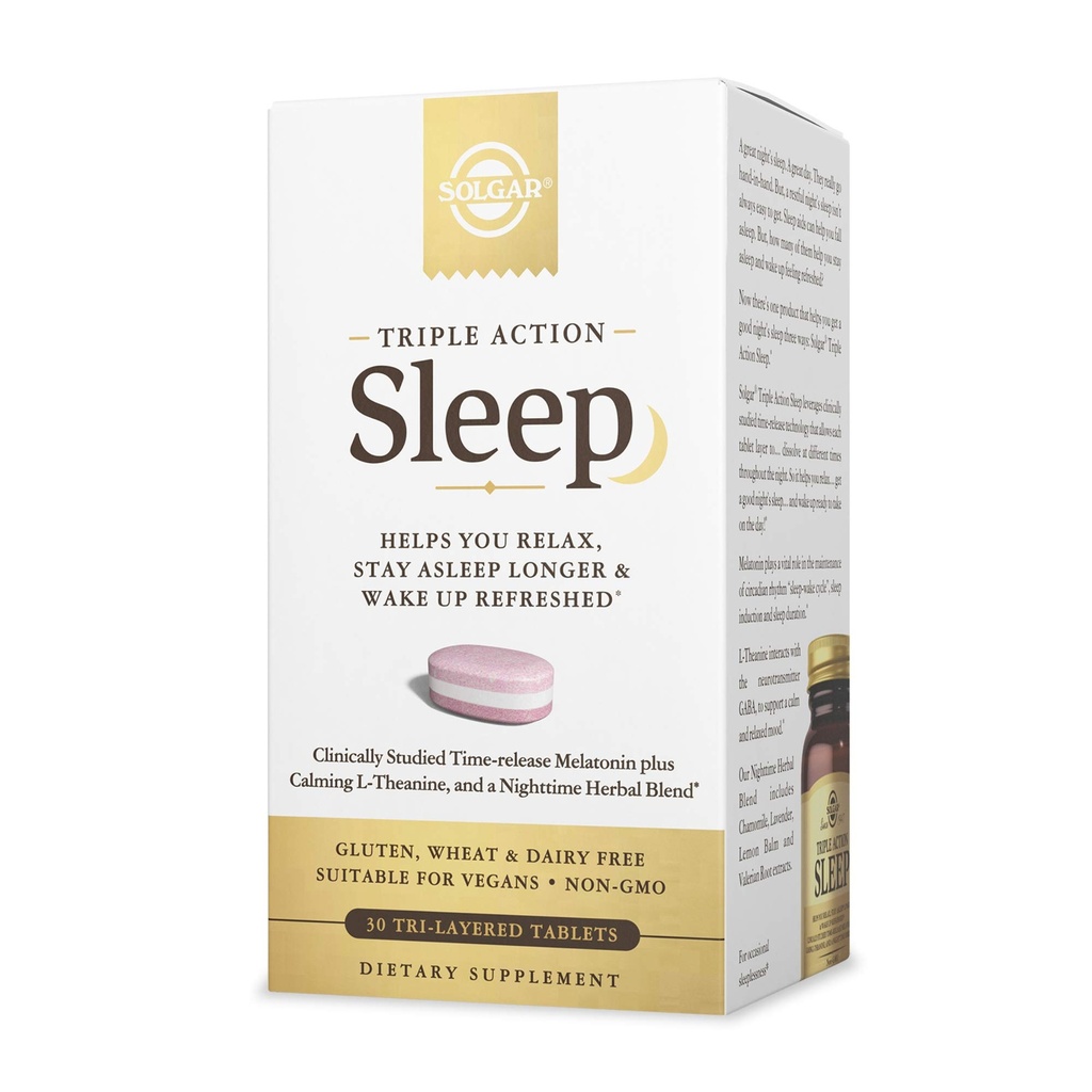 Solgar Triple Action Sleep, 30 Tri- Layer tablettia - Aikarelease Melatoniini & L-Theanine Plus Herbal Blend - Help You Rentoutua, Putoa Nukahtaa Nopeasti & Pysy Nukkua Pidempi - Ei-GMO, Gluteeniton - 30 Tarjoilut