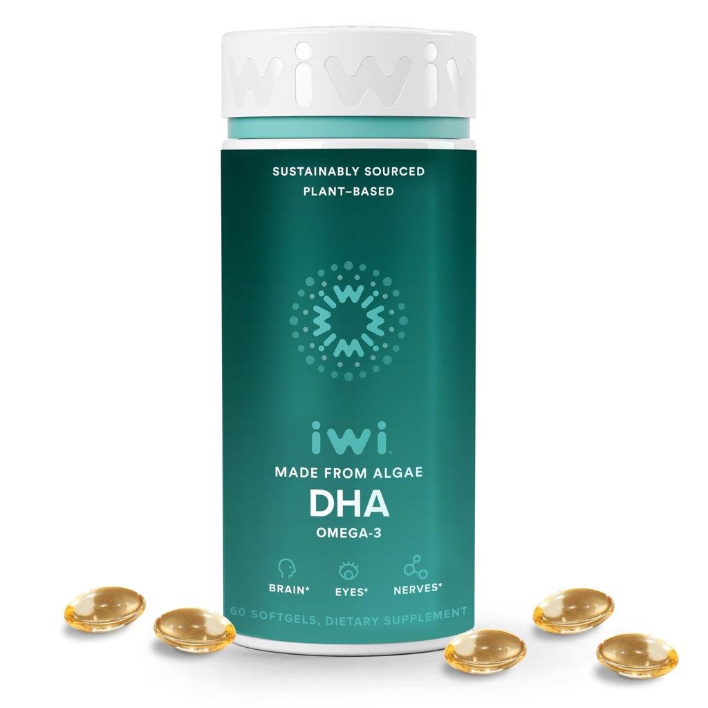 Iwi DHA Omega-3, 60 Softgels (30 tarjoilua), Plant-Based Algae Omega 3, Aivot, Silmät ja Hermosto Tuki Ravintolisä, Krill & Fish Oil Vaihtoehtoinen, Ei kalainen Jälkimaku