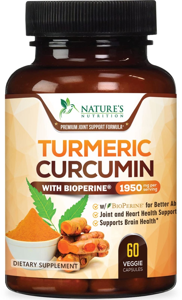 Turmeric Curcumin Supplement 1950mg - 95% Curcuminoids kanssa Organic Turmeric & BioPerine Black Pepper Extract paras absorptio, Nature's Vegan Joint Support, ei-GMO, pullotettu USA - 60 kapselia
