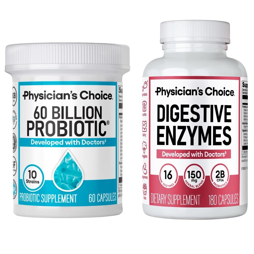 Läkares CHOICE - Optimal Gut Health Bundle: 60 miljarder Probiotic 60ct + Digestive Enzyme 180ct för Digestive Comfort och Immune Support - Värde Bundle
