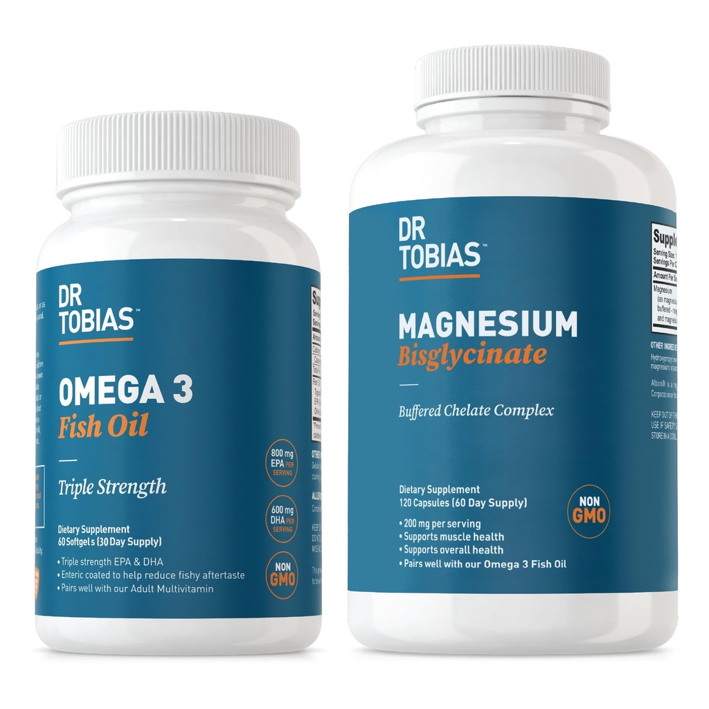 Tri. Tobias Omega 3 Fish Oil & Magnesium Bisglysinate Lisäravinteet, korkea absorptio, tukee sydän, aivot, immuuni, energia, lihakset, luut ja yhteinen terveys, ei GMO