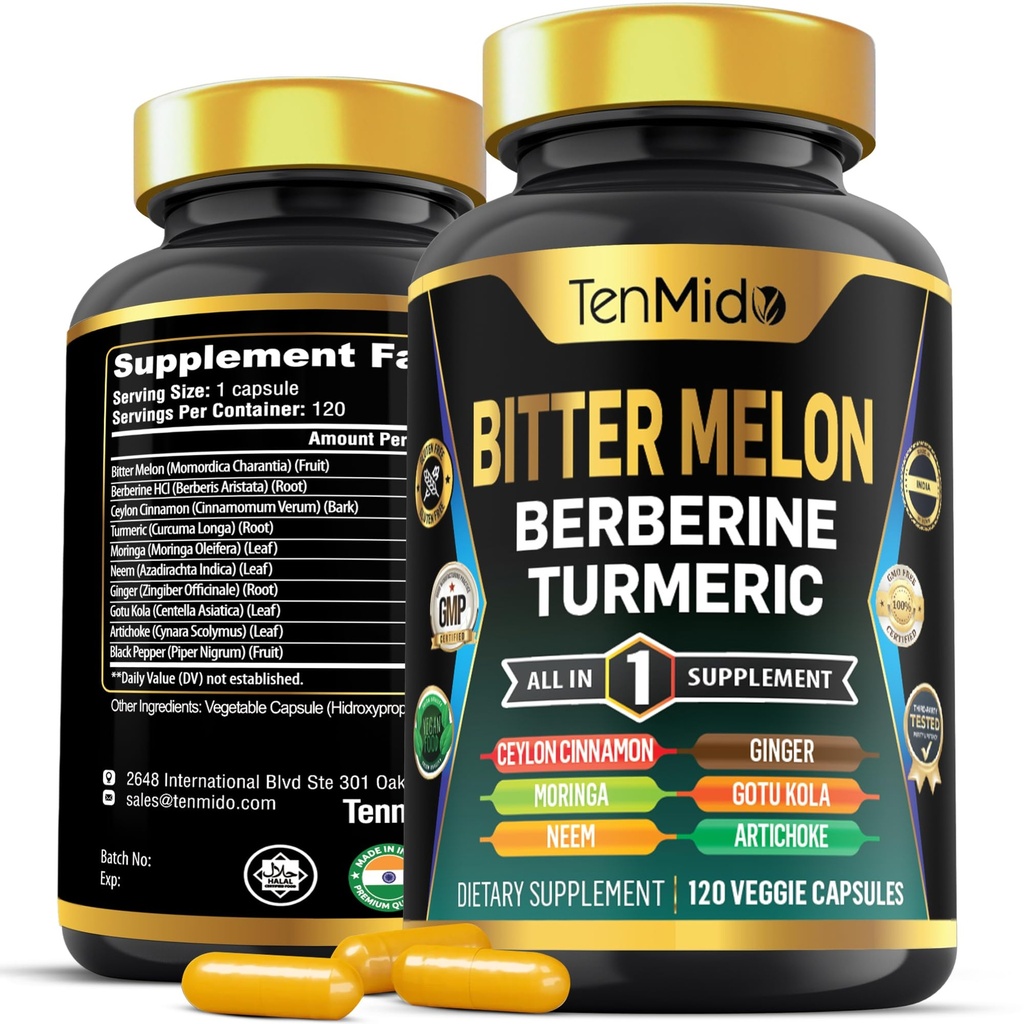 Bitter Melon kapslar - 10in1 Formel - Kombinera med Berberine, Ceylon Cinnamon, gurkmeja, Moringa, Neem, Ginger, Gotu Kola, Artichoke och Black Pepper - 120 kapslar för 4 månaders leverans