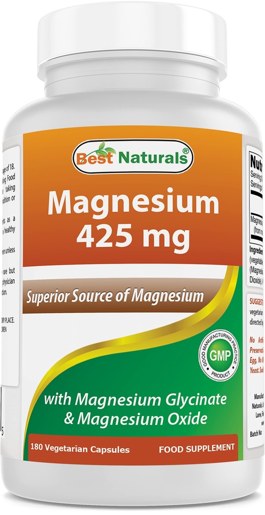 Best Naturals Magnesium 425 mg 180 Kasviskapselit - suuri imeytyminen Magnesium Glycinate & Magnesiumoksidi Kelatoitu, ei-GMO, gluteeniton lihasrelax (180 laatikko 1)