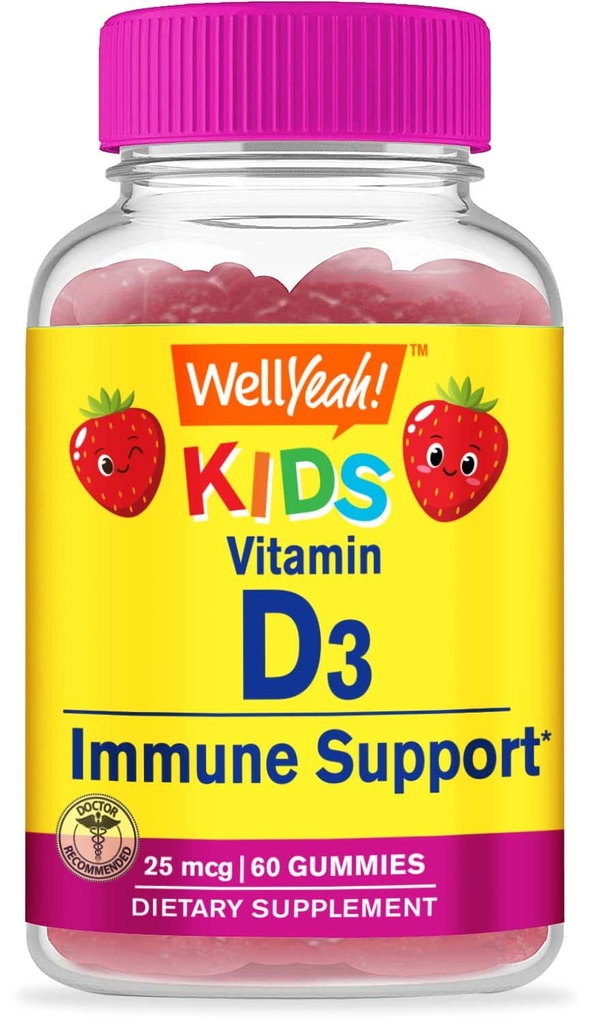 WellYeah Kids D3-vitamiini Gummies - 1000 IU (25 mikrog) - tukee luun vahvuus ja immuniteetti - ei-GMO, Gluteeniton - Mansikka maku - Ravintolisä - 60 tarjoilua