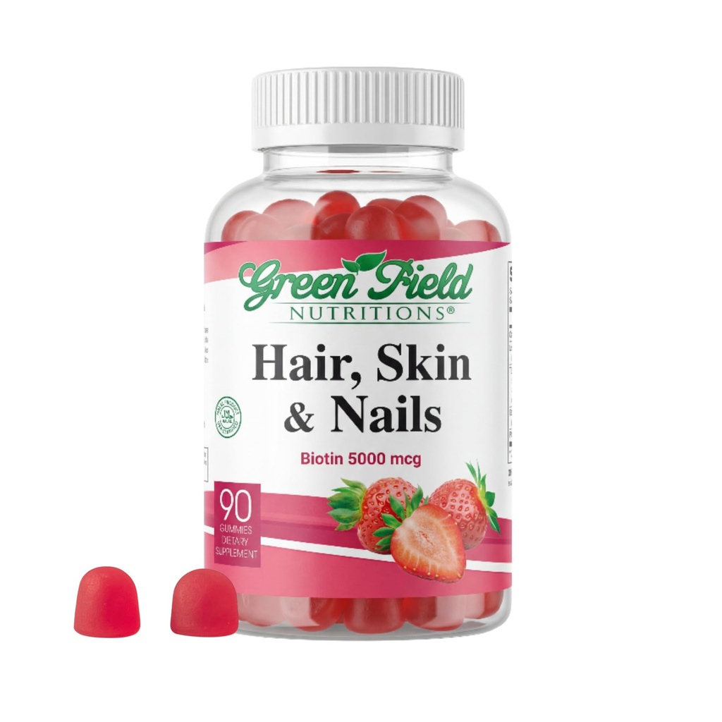 Greenfield Nutritions - Halal Biotin Gummies vitamiini hiukset, iho ja kynnet, tukee rasvan aineenvaihduntaa, hiusten kasvua, vahvat kynnet & kirkas iho, liivate, ei-GMO, ja gluteeniton - 90 Gummies