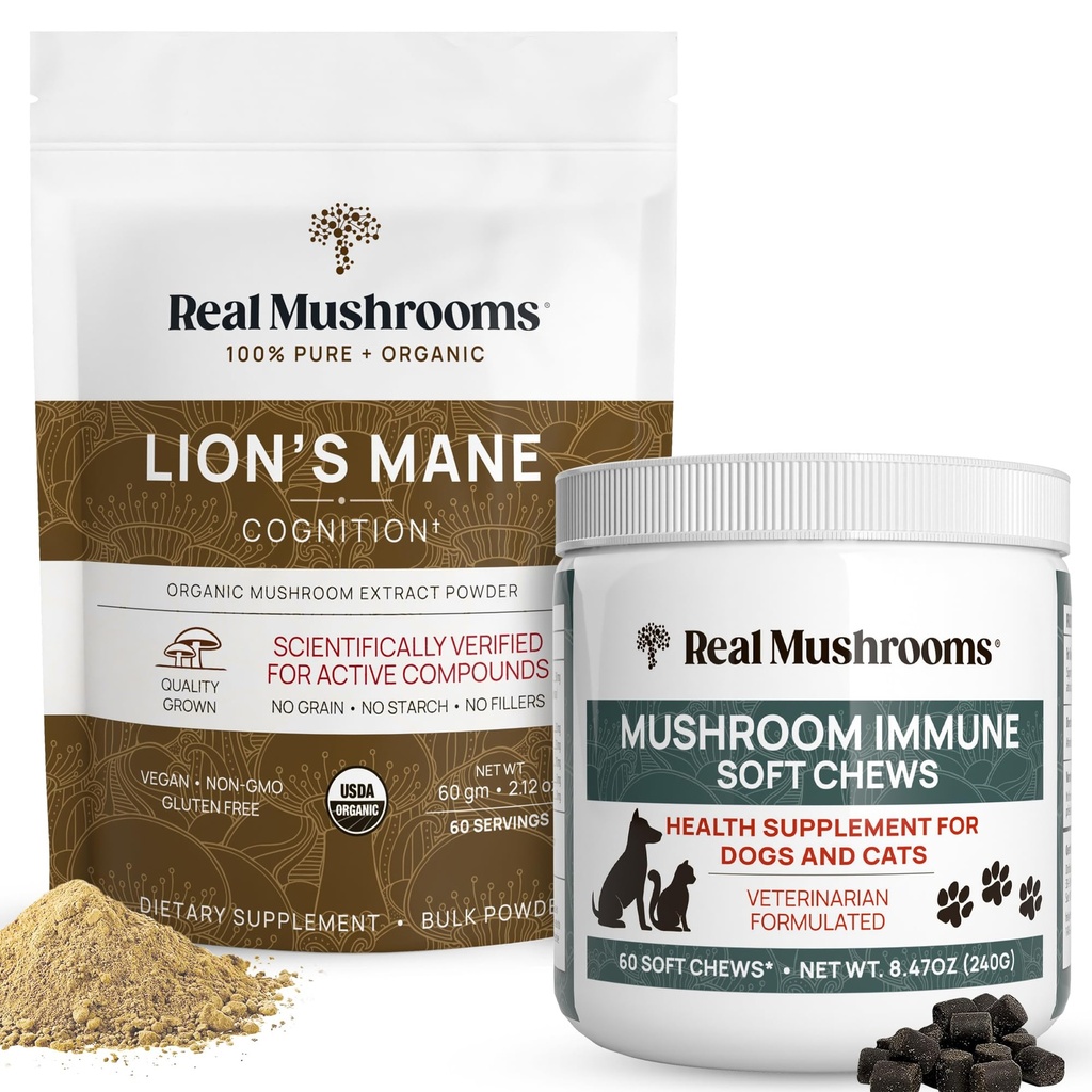 Real Mushrooms Lions Mane Powder for Humans (60g) & Sieni Immuuni Lemmikki Chews (60ct) - Bundle for Cognition & Immuniteetti - Ashwagandha, Astragalus & More - Vegan, non-GMO, Gluten-free, Grain-free