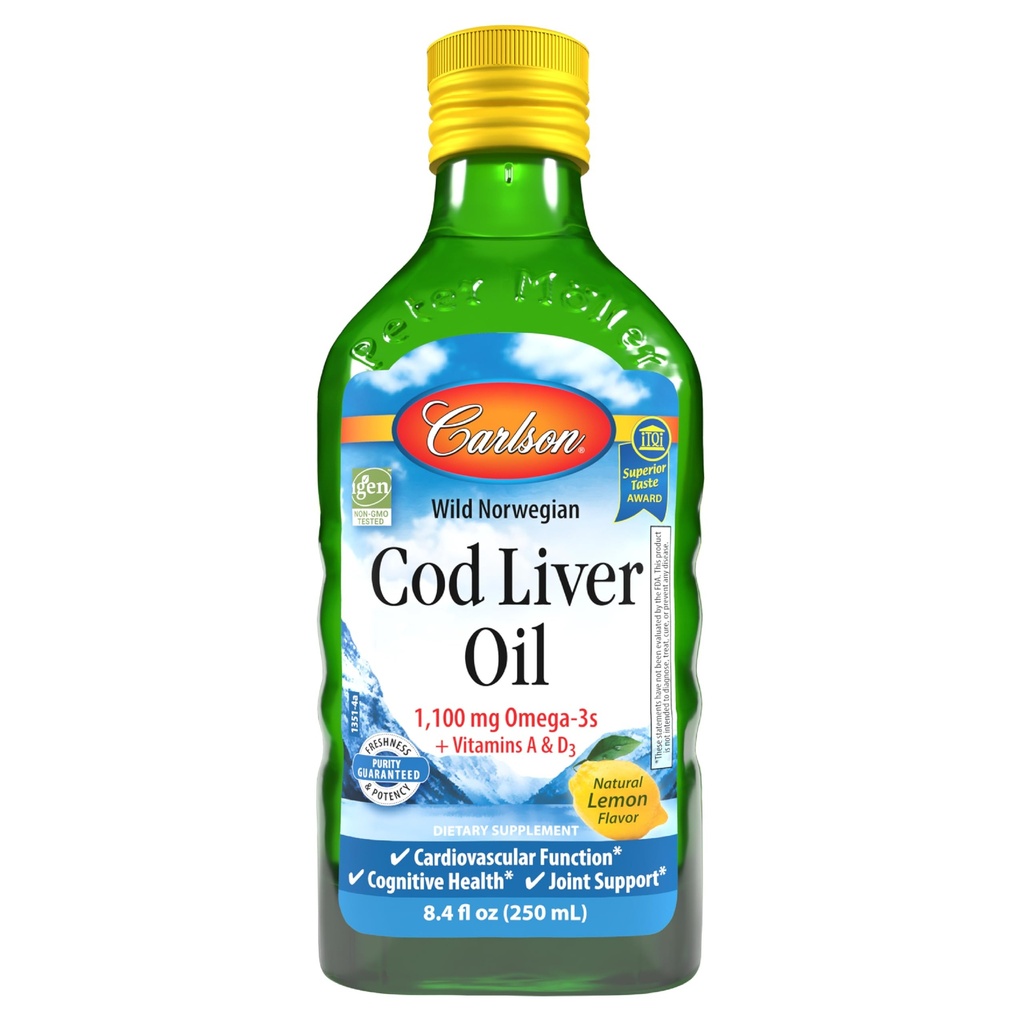 Carlson - Cod Liver Oil, 1100 mg Omega-3s, Liquid Fish Oil Supplement, Wild-Caught Norwegian Arctic, kestävästi lähdetty Nordic Liquid, sitruuna, 250 ml