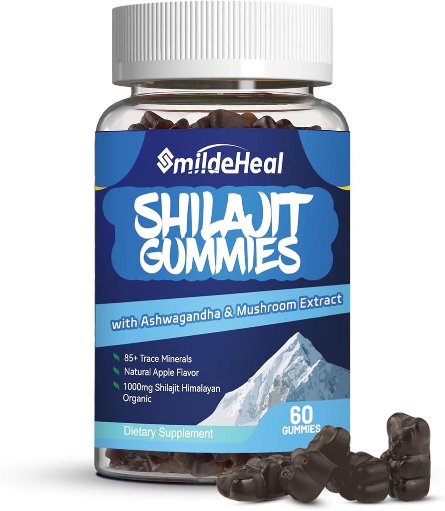 Shilajit Gummies 1000 MG, Organic Shilajit Supplement, 85+ Trace Minerals, med Ashwagandha, Mushroom - Energy, Brain, Immunity Support, för Män & Kvinnor - 60 Count