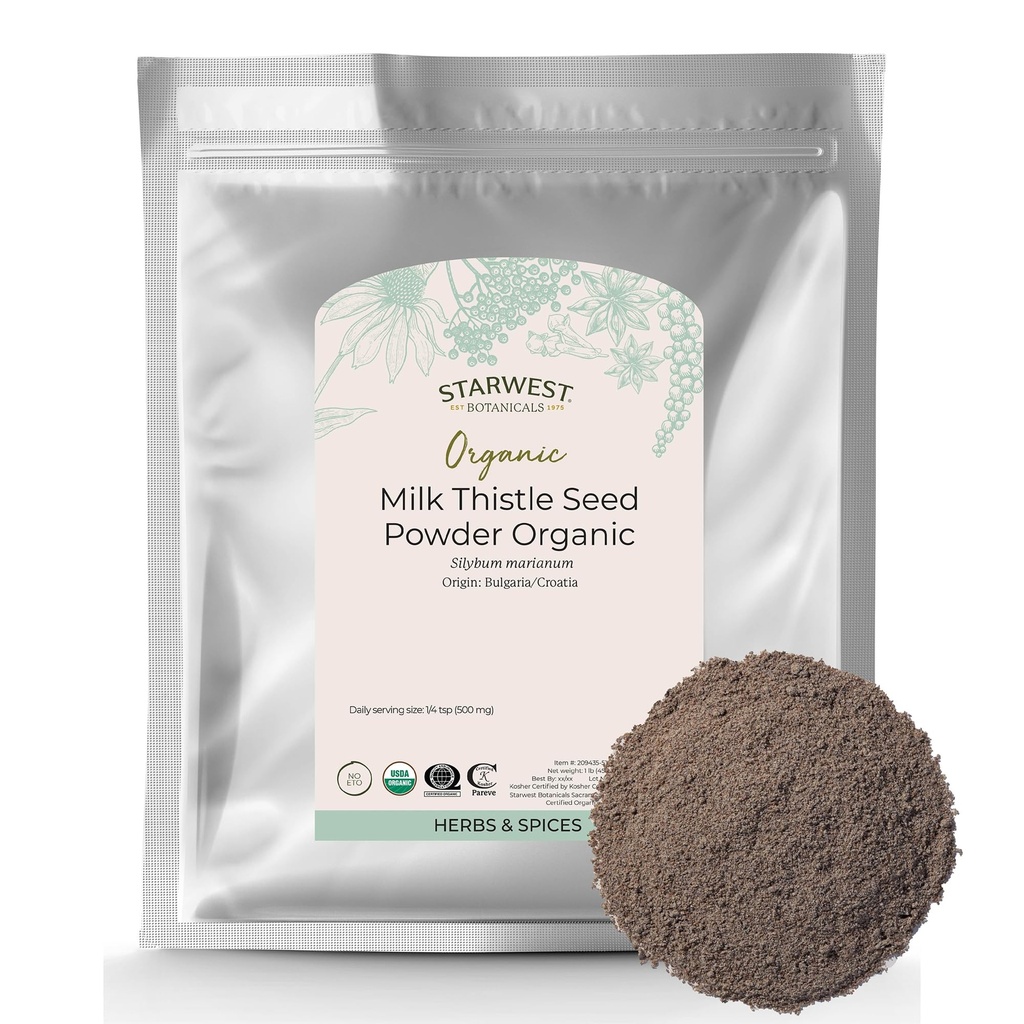 Starwest Kasvitieteet Organic Milk Thistle Seed Powder - Ground Milk Thistle for Tea & Cooking, Mix in Juice, Lisää Smoothies, Kaurapuuro, & jogurtti, Certified Kosher, Ei-GMO - Bulk 1 lb Bag