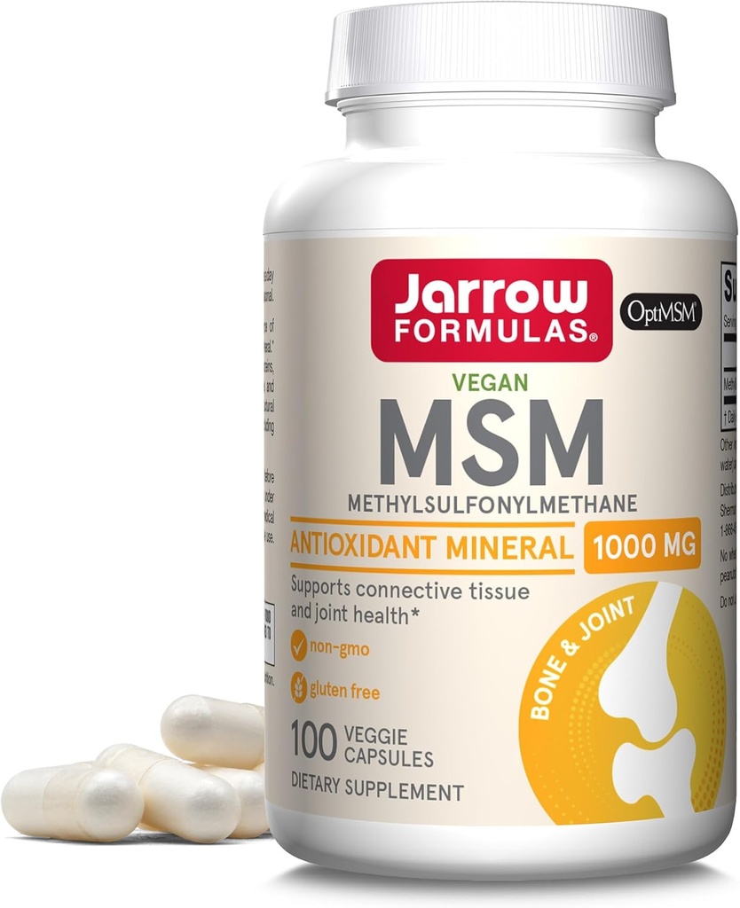 Jarrow Formulas MSM 1000 mg - 100 Veggie Capsules - Methylsulfonylmetan - Source of Sulfur - Dietary Supplement Supports & Strengthens Joints - Upp till 100 portioner