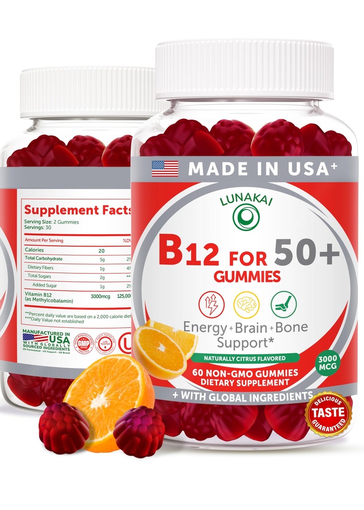 Lunakai USA Made-vitamiini B12 Gummies for Aikuinen 50+, ei-GMO B12 for Energy & Vitality Boost, Delicious Orange Flavor, 60ct