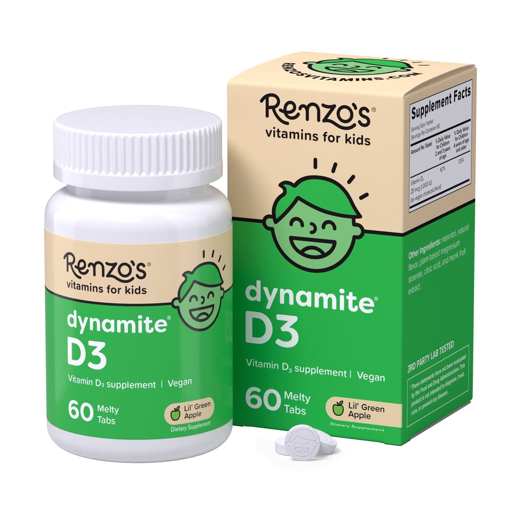 Renzon Dynamiitti D3-vitamiinia, lasten D3-vitamiinia, 60 sokeritonta melty-välilehtiä, vihreä omenamakua