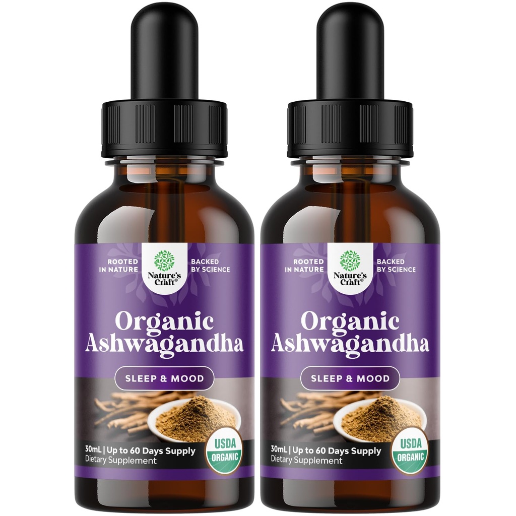 Natures Craft USDA Organic Ashwagandha Liquid Drops - Liquid Ashwagandha Root Extract för stress och humörstöd - Tasty Adaptogenic Tincture Non GMO Vegan Gluten Alkohol och Sugar Free (2 Pack)