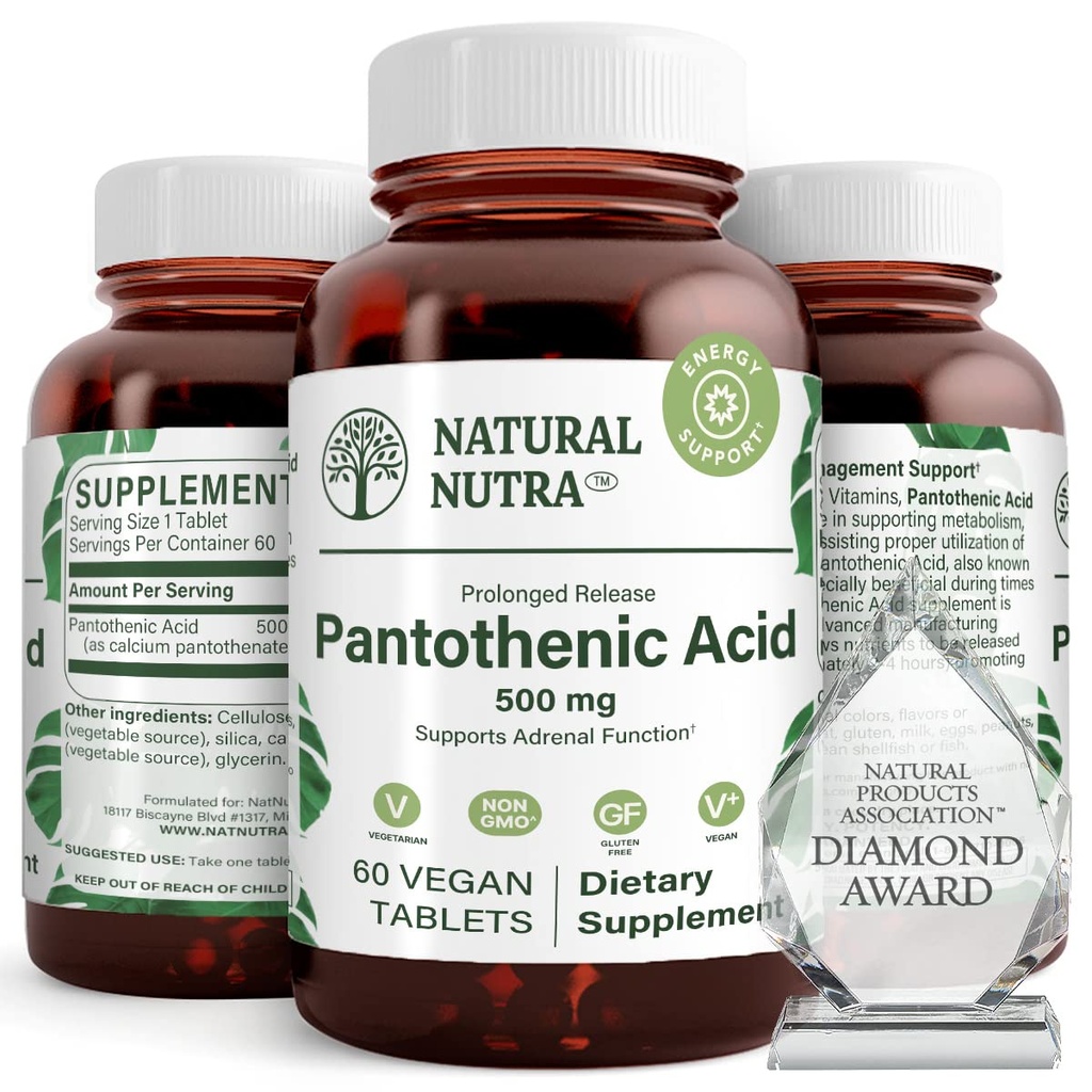 Natural Nutra Time Release Pantotenic Acid 500 mg, B5-vitamiinin täydentää auttaa rikkomaan rasvaa ja hiilihydraatteja, aineenvaihduntaa ja energiaa, parantaa lihasten terveyttä, vähentää ihoa spot, 60 kasvissyöjä tablettia