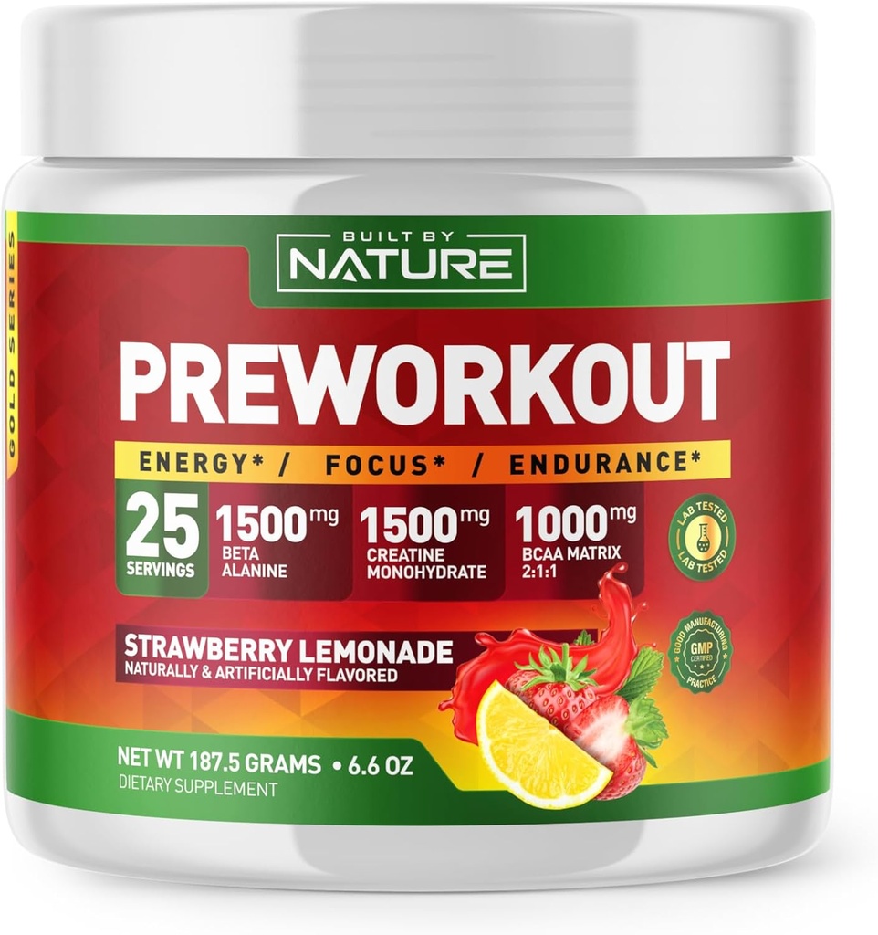 Byggd av Nature Pre Workout Powder med Beta Alanine, Kreatin Monohydrat, BCAA, L Citrulline, L Arginine och koffein - Strawberry Lemonade smak - 25 portioner