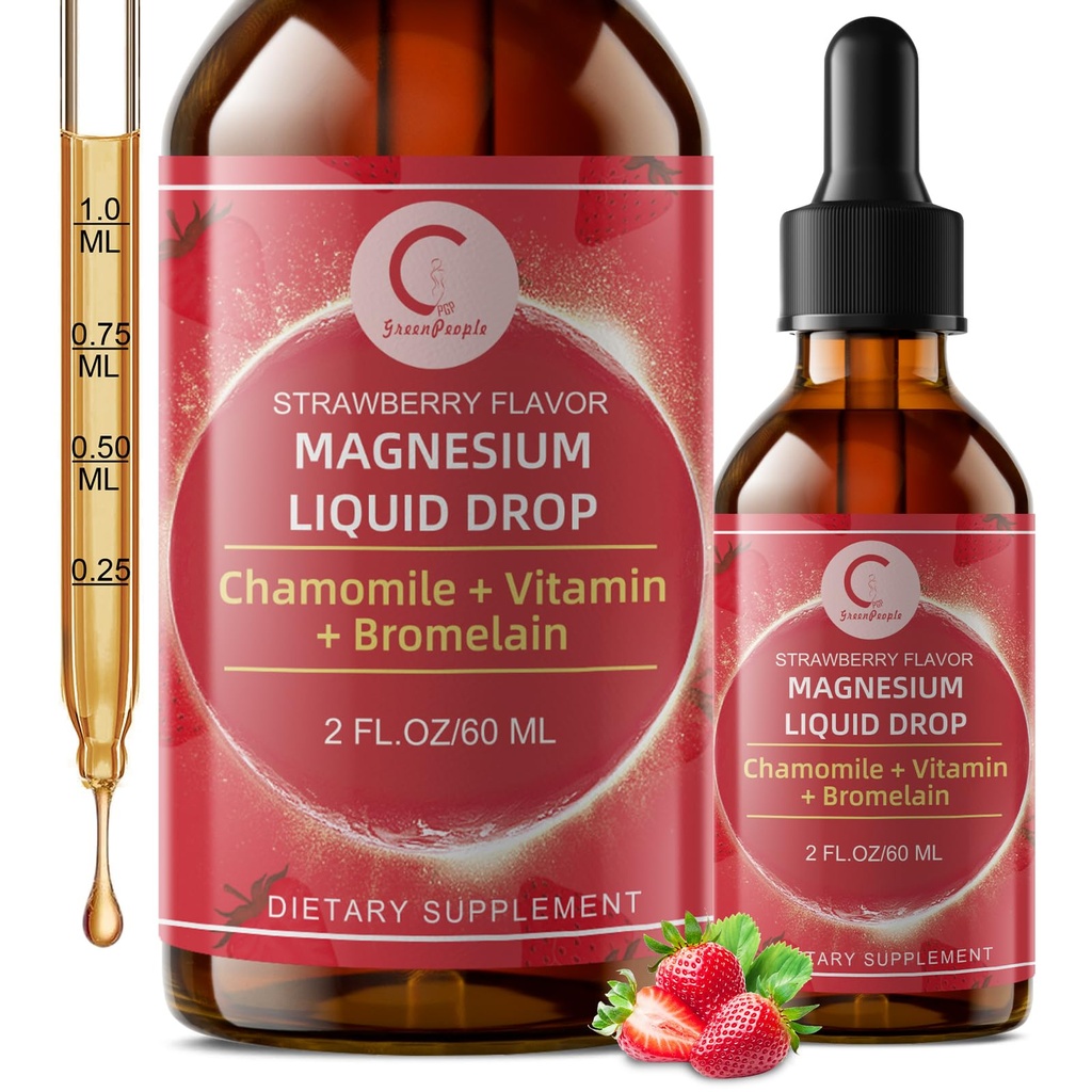 Triple Magnesium Complex Liquid Drops - Magnesium Glycinate Liquid Drops, Taurate & Citrate L-theanine, B6-vitamiinin uni, lihakset, immuuniterveys, Vegan, ei-GMO, Mansikka maku, 2 Fl OZ