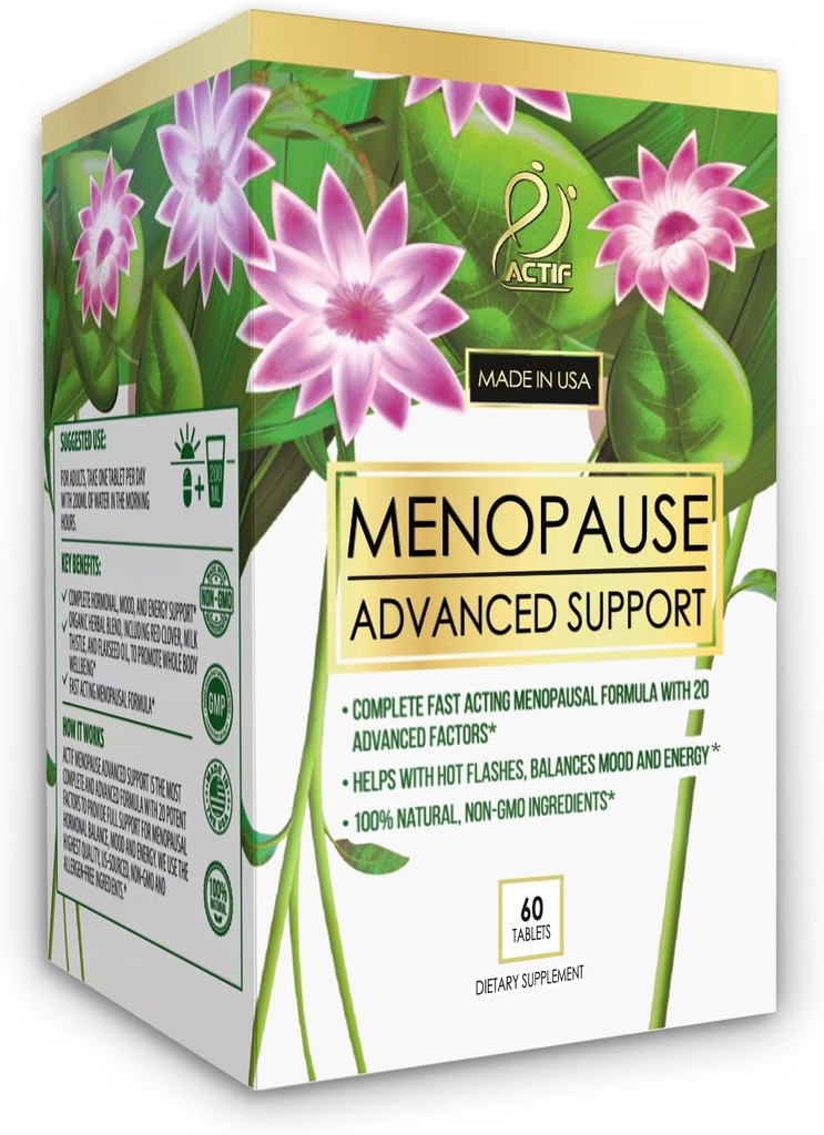 Actif Menopause Advanced Tuki 20+ Organic Vitamiinit ja Yrtit - Relieves Hot Flashs, Night Sweats - Non GMO, Fast Acting, Made in USA, 60